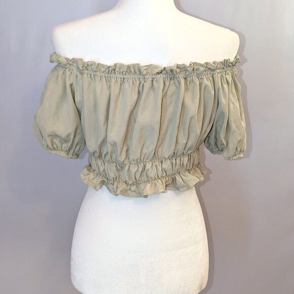 Love Tree | 100% Tencel Light Sage Green Off Shoulder Crop Top | Size Medium - Picture 4 of 10